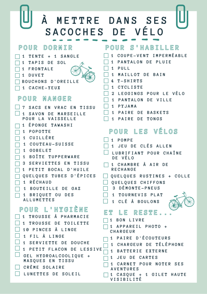 Checklist de notre matériel pour un voyage à vélo