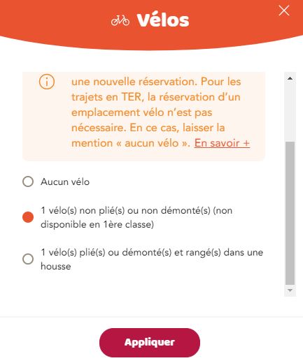 Écran de réservation de l'espace vélo sur le site de la SNCF